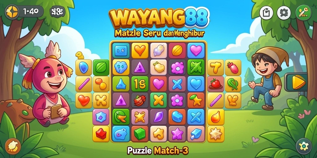 Antarmuka menarik dari permainan Puzzle Match-3 WAYANG88.